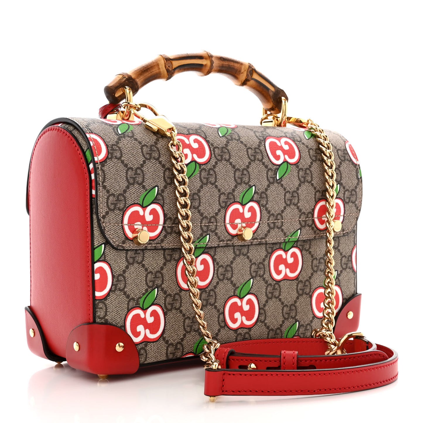 GG Supreme Monogram Apple Small Padlock Bamboo Shoulder Bag Beige Multicolor Lobster Red
