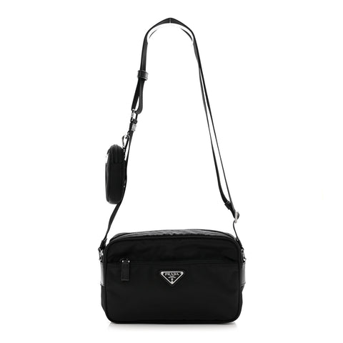 Re-Nylon Vela Saffiano Double Zip Shoulder Bag Black