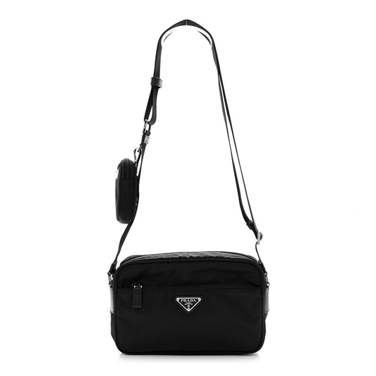 Re-Nylon Vela Saffiano Double Zip Shoulder Bag Black