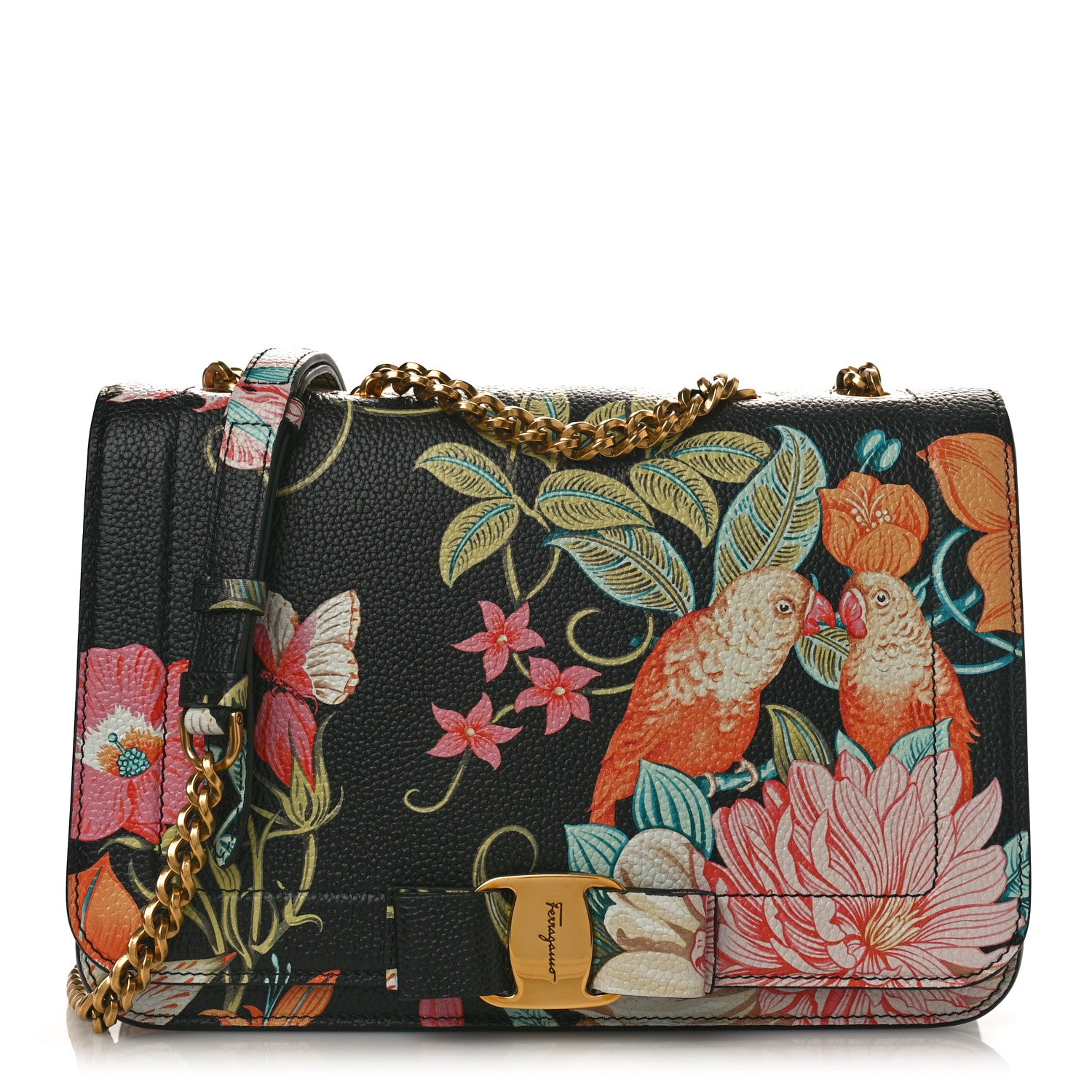 Salvatore Ferragamo Calfskin Floral Print Vara Bow Chain Flap Crossbody Black Multicolor 1 of 8