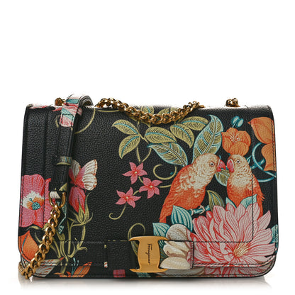 Salvatore Ferragamo Calfskin Floral Print Vara Bow Chain Flap Crossbody Black Multicolor 1 of 8