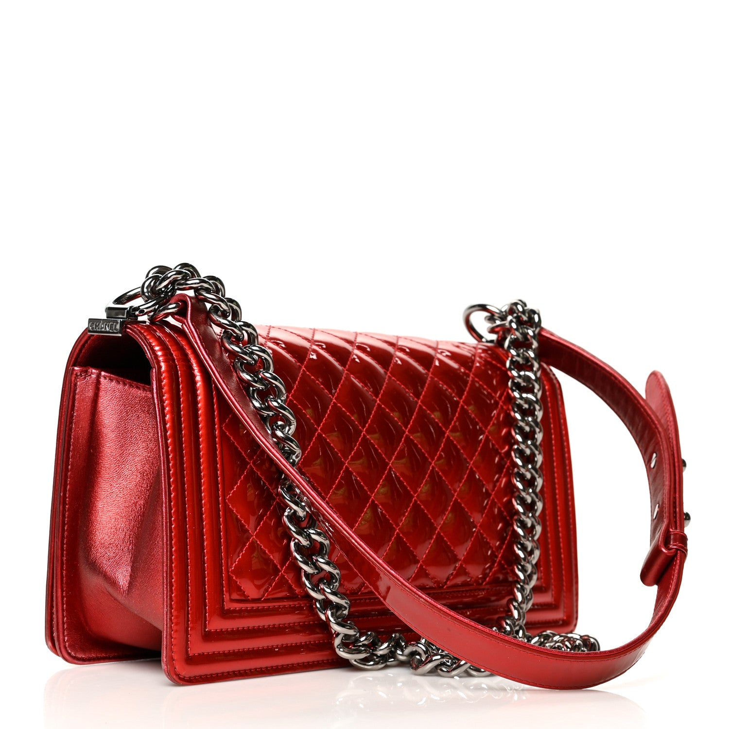 Chanel Metallic Patent Calfskin Quilted Medium Boy Flap Red 2 of 12