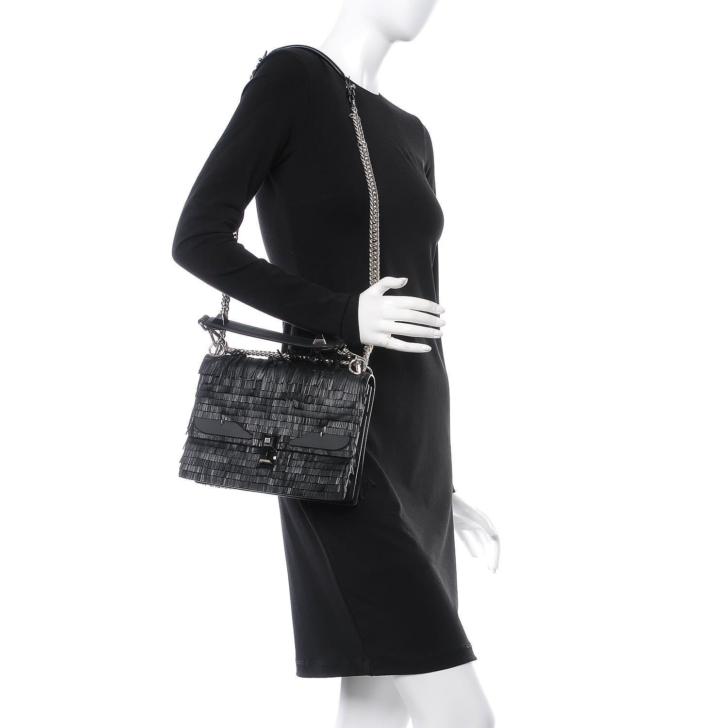 Fendi Vitello Century Opaco Monster Eyes Fringe Studded Kan I Shoulder Bag Black 2 of 7