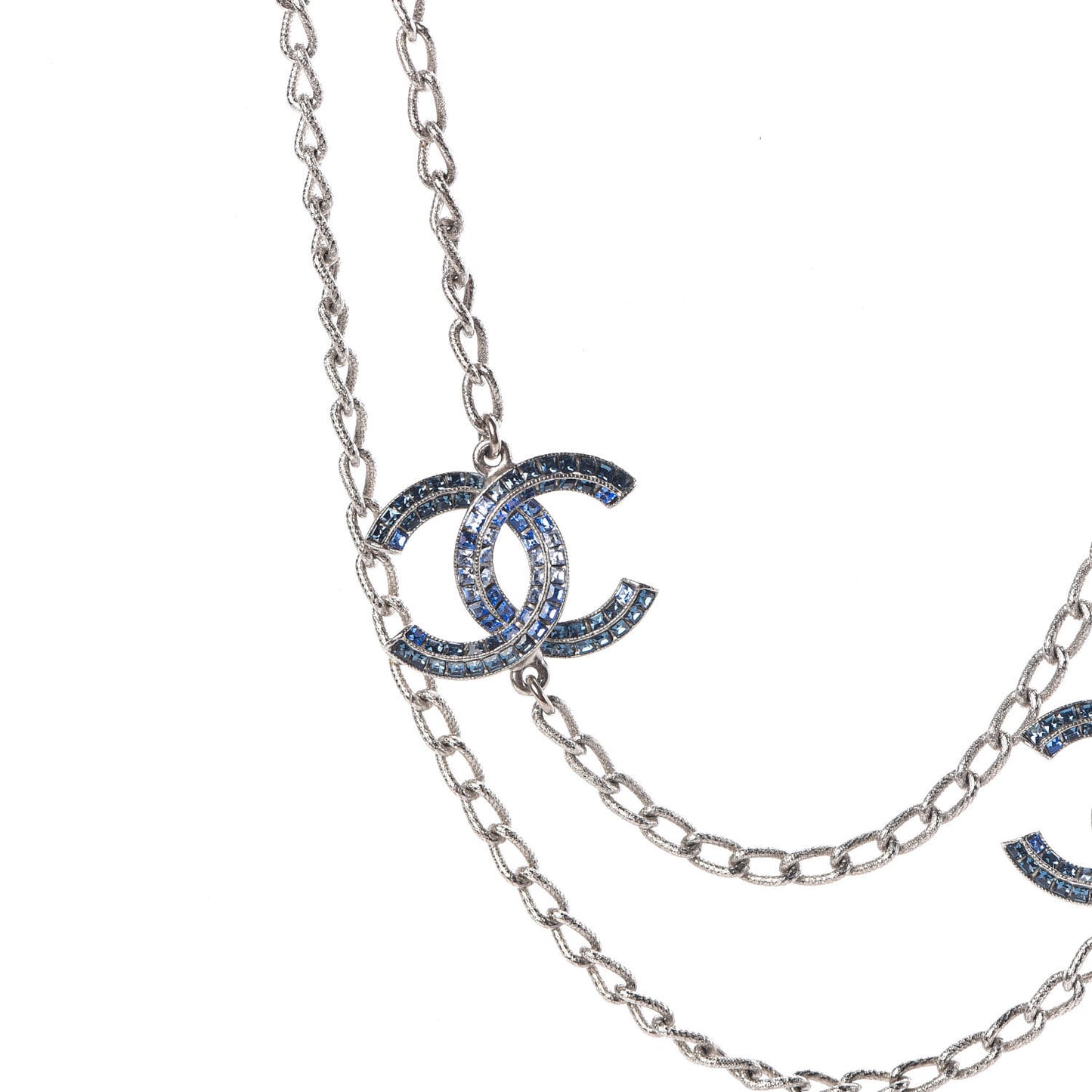 Crystal Baguette CC Double Strand Necklace Silver Blue