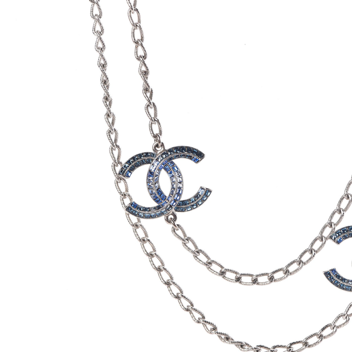 Chanel Crystal Baguette CC Double Strand Necklace Silver Blue 4 of 6