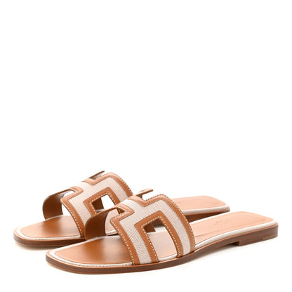 Hermes Calfskin Canvas Oran Sandals 41 Noisette Beige Dore 3 of 9
