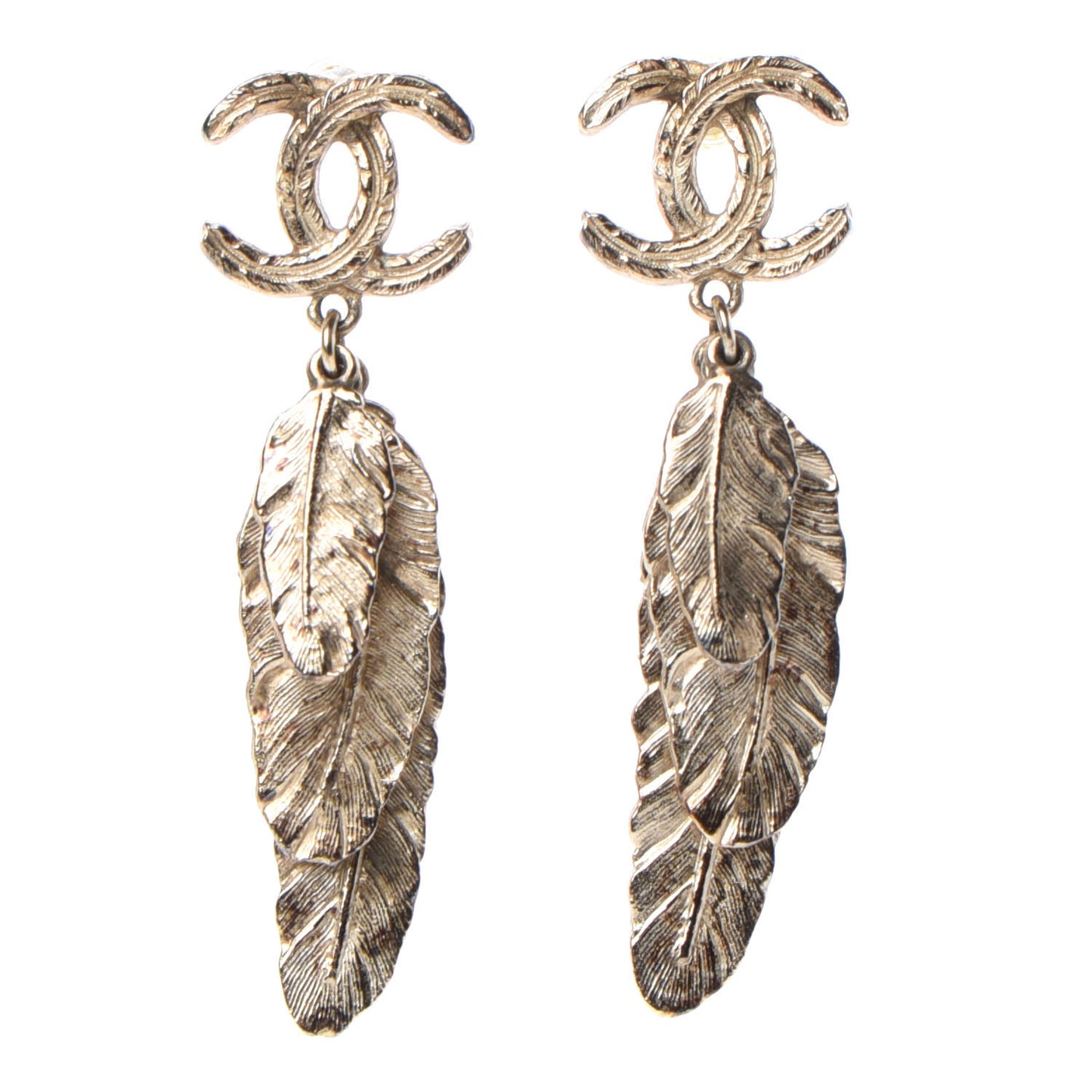 Feather CC Drop Earrings Gold