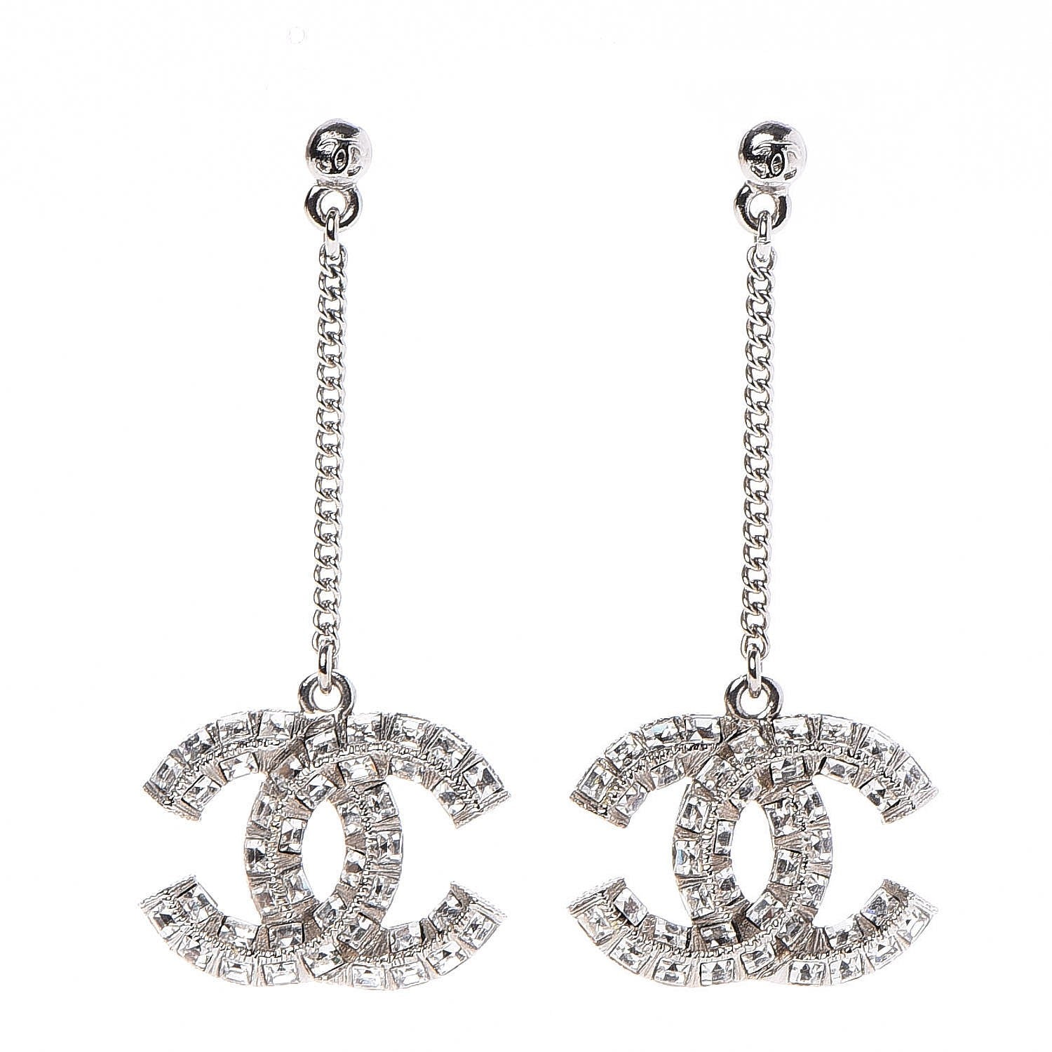 Chanel Baguette Crystal CC Dangle Earrings Silver 1 of 4