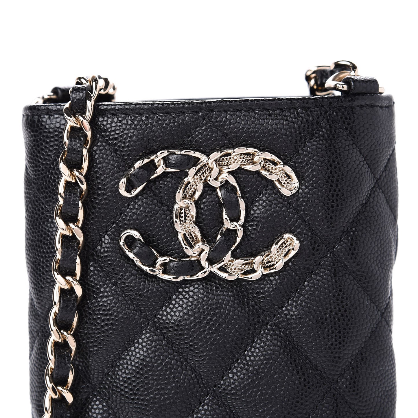 Caviar Quilted French New Wave Phone Holder With Chain Black