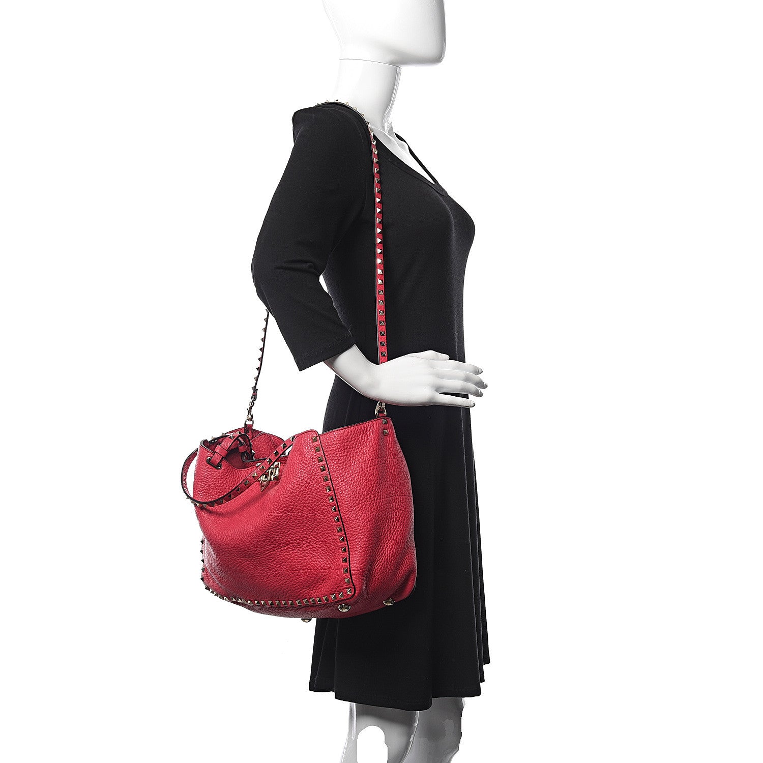 Valentino Garavani Pebbled Calfskin Medium Rockstud Tote Deep Fuxia 2 of 10