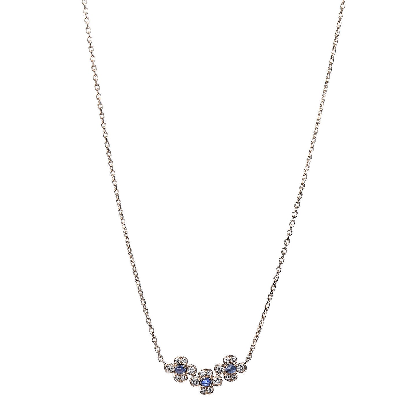 18K Yellow Gold Diamond Blue Sapphire Trefle Flower Pendant Necklace