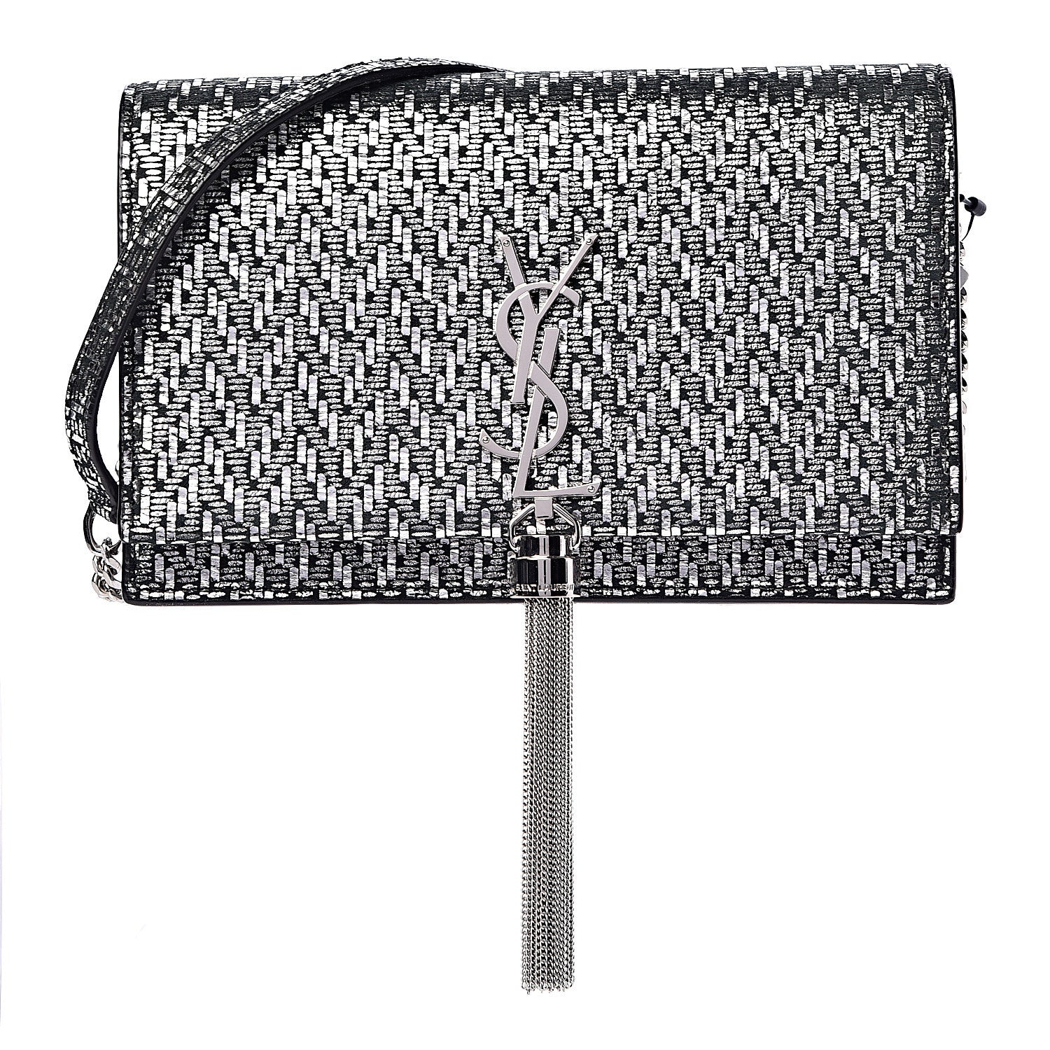 Saint Laurent Metallic Calfskin Classic Monogram Kate Tassel Chain Wallet Black Argento 2 of 9