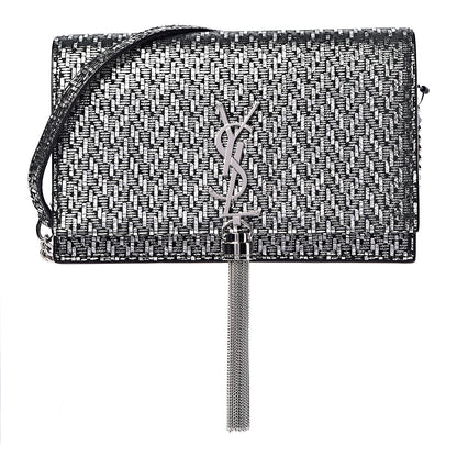 Saint Laurent Metallic Calfskin Classic Monogram Kate Tassel Chain Wallet Black Argento 2 of 9