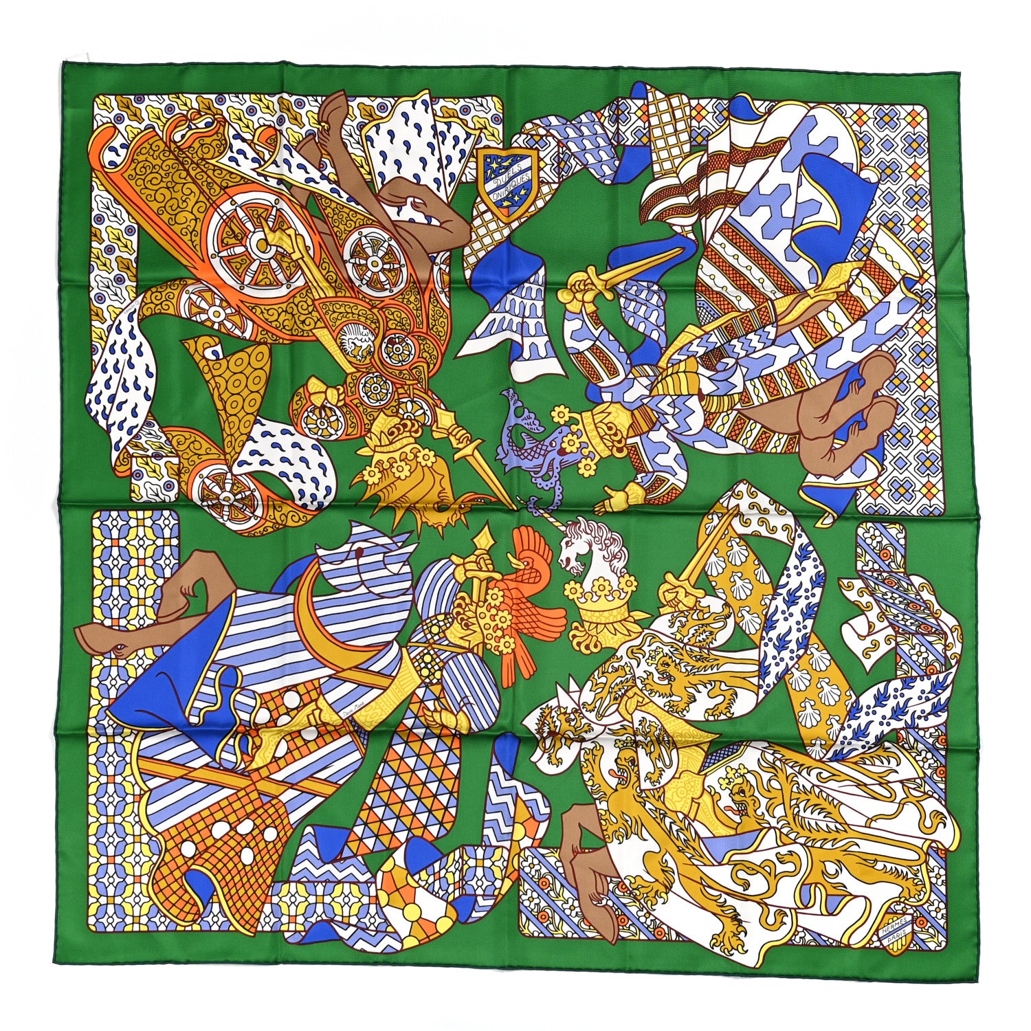 Hermes Silk Duels Oniriques Scarf 90 Emeraude Bleu Vif 1 of 6
