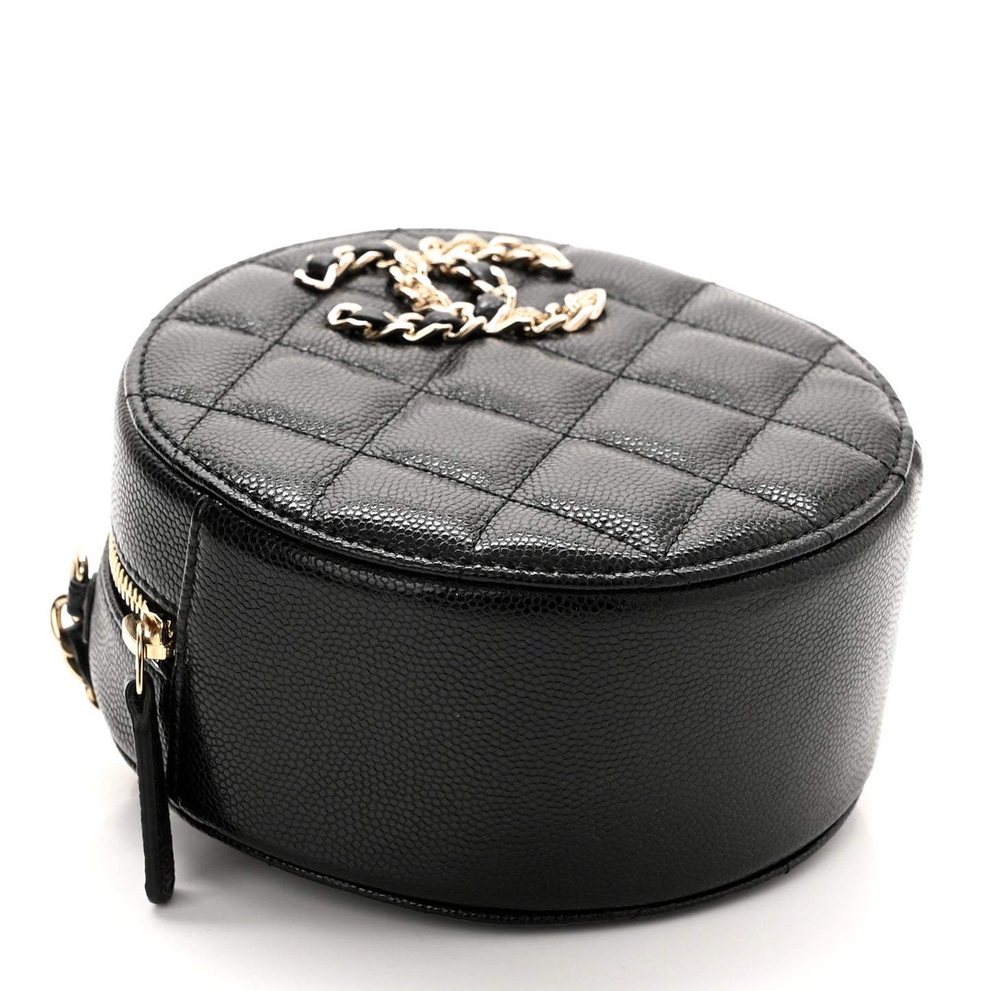Caviar Quilted French New Wave Round Clutch With Chain Black