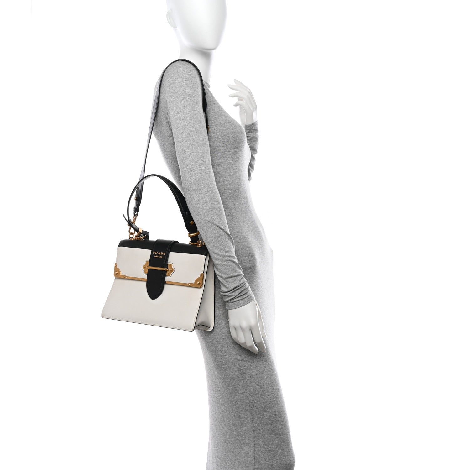 Prada City Calfskin Saffiano Cahier Top Handle Bag White Black 2 of 11