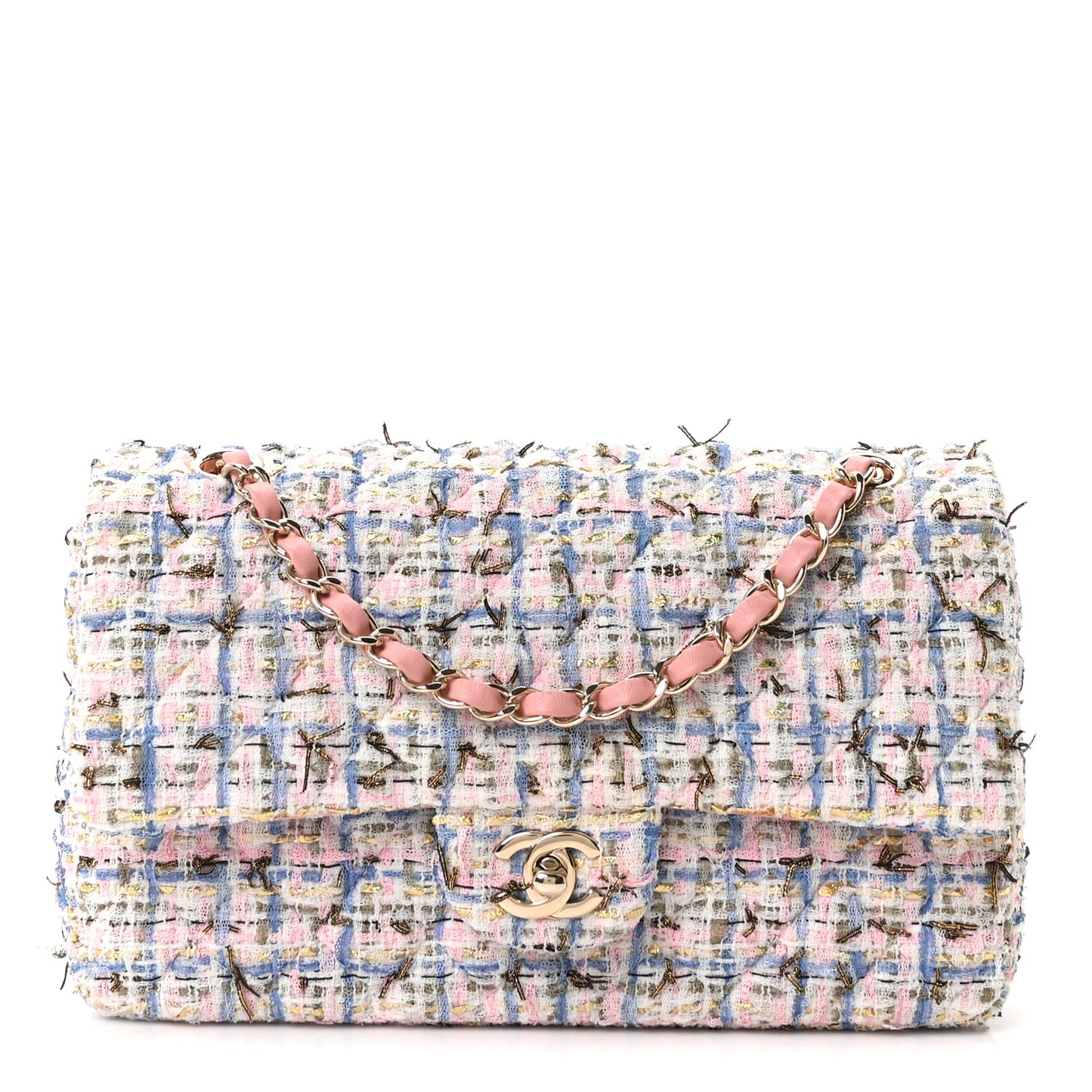 Tweed Quilted Medium Double Flap Blue Pink Gold White