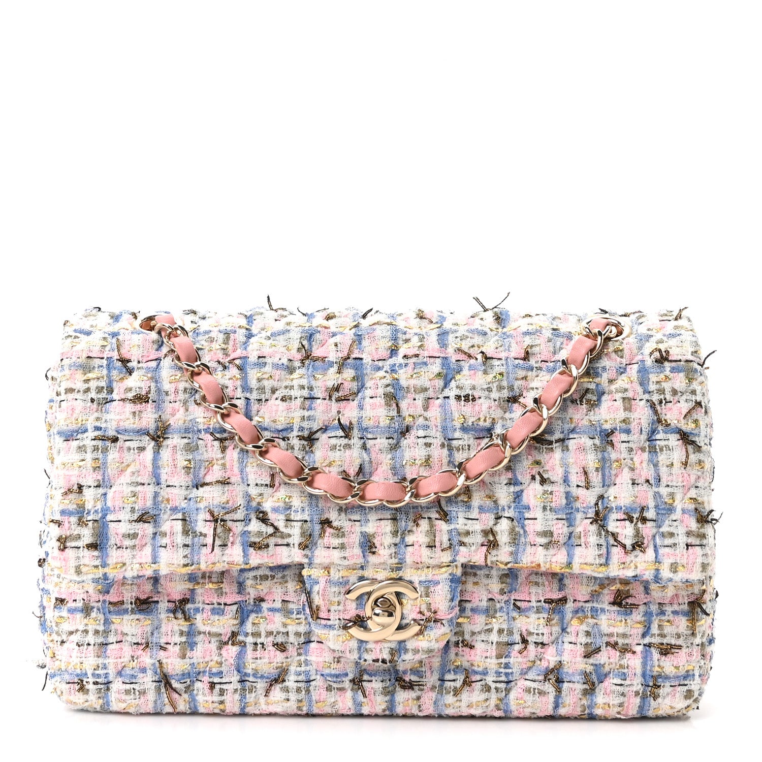 Chanel Tweed Quilted Medium Double Flap Blue Pink Gold White 1 of 11