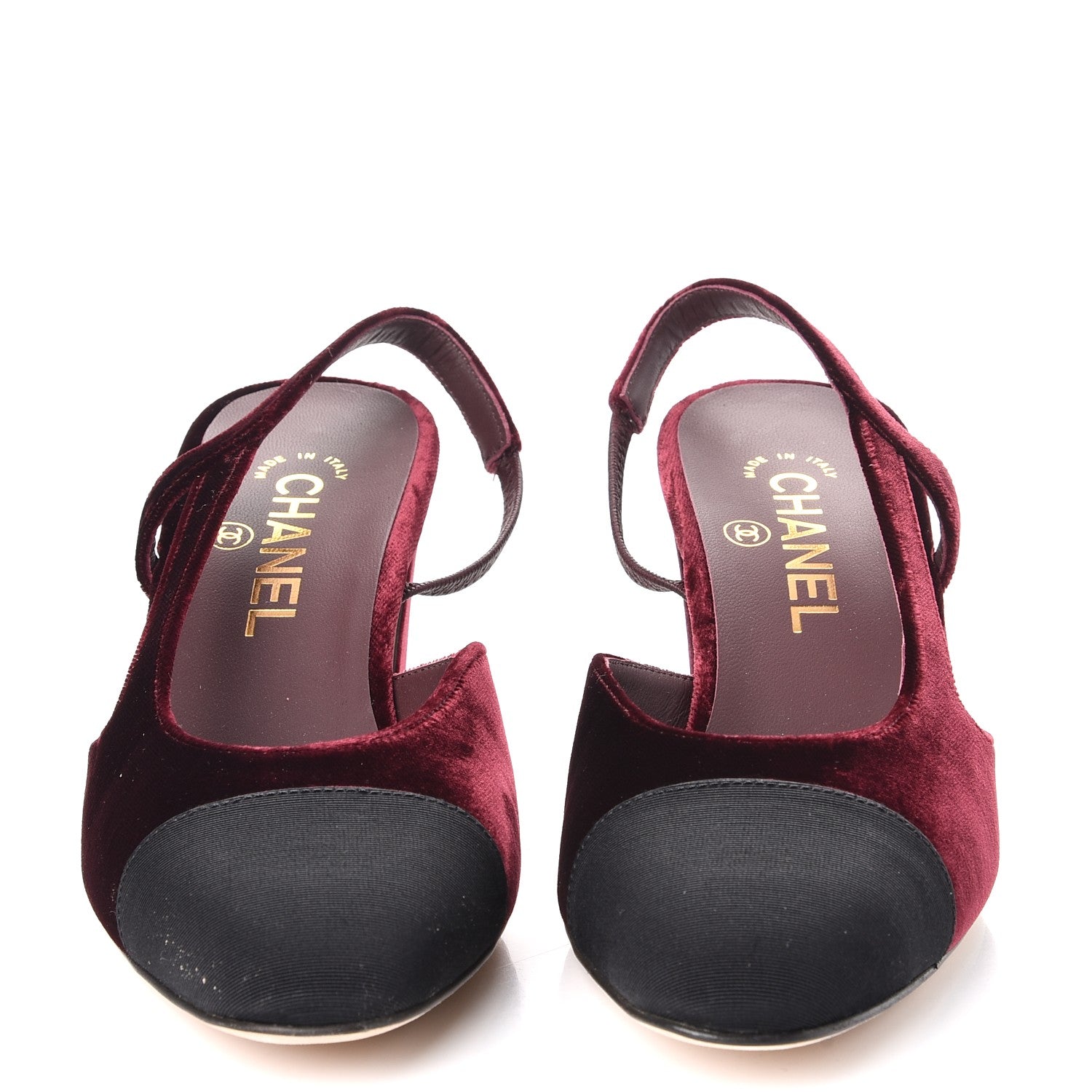 Chanel Velvet Grosgrain Cap Toe CC Slingback Pumps 38.5 Burgundy Black 2 of 9