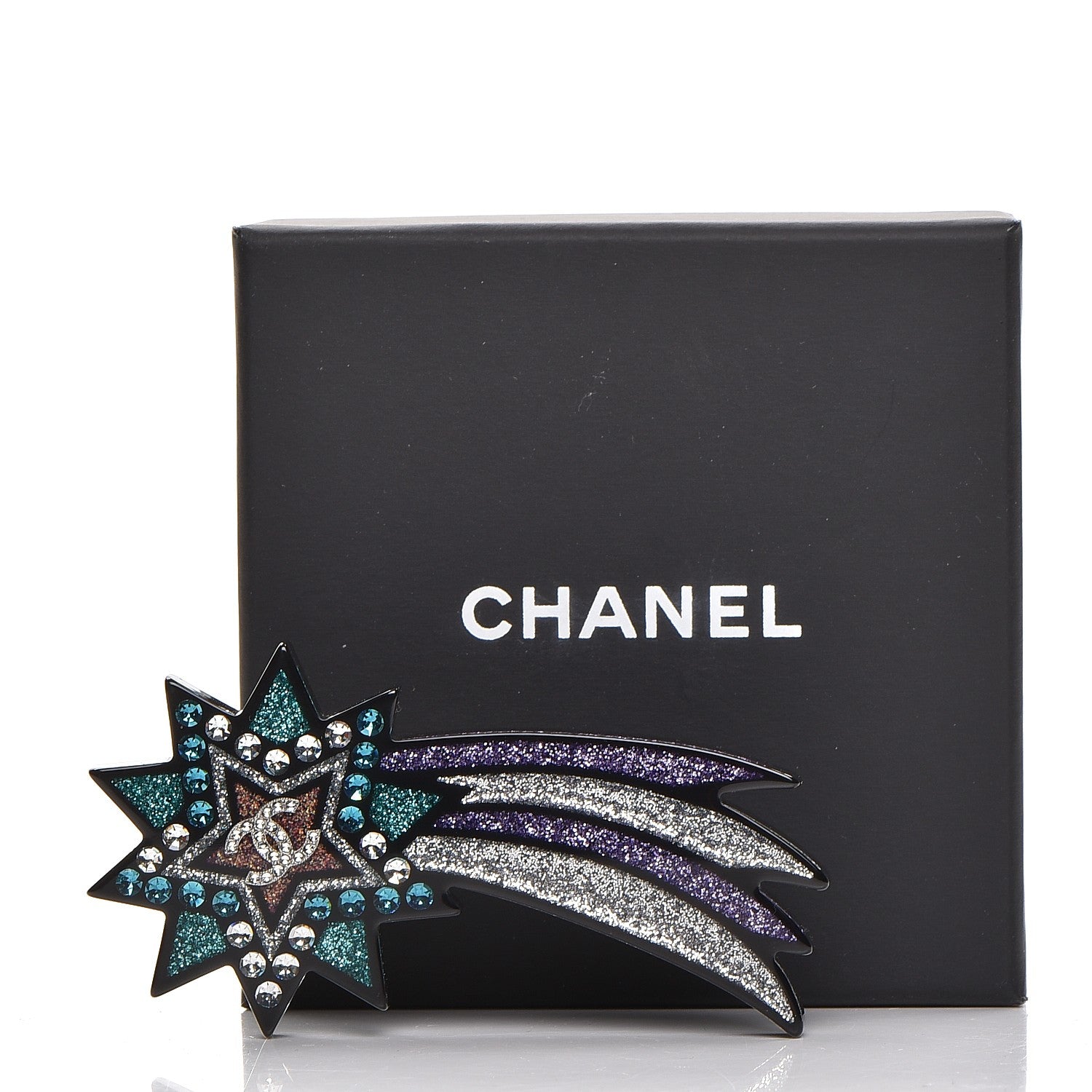 Chanel Glittered Resin Strass Shooting Star Brooch Black Purple Green 5 of 5