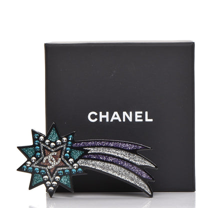 Chanel Glittered Resin Strass Shooting Star Brooch Black Purple Green 5 of 5