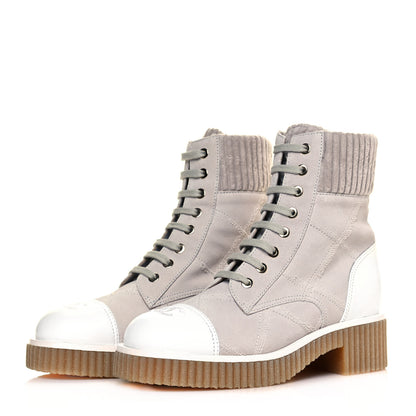 Chanel Suede Calfskin Velvet Quilted CC Combat Boots 36 Grey 3 of 8