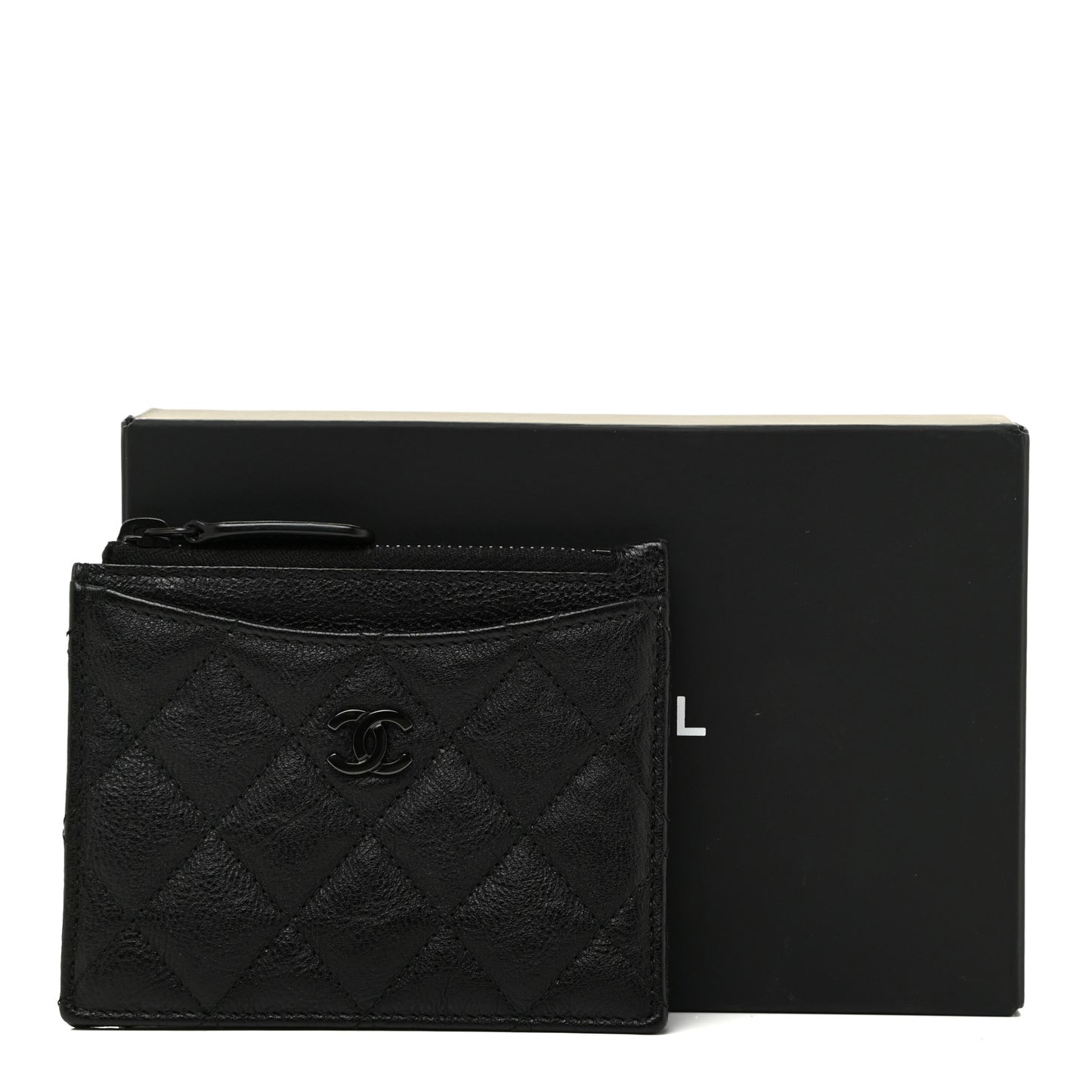 Crinkled Calfskin Quilted CC Zip Card Holder So Black