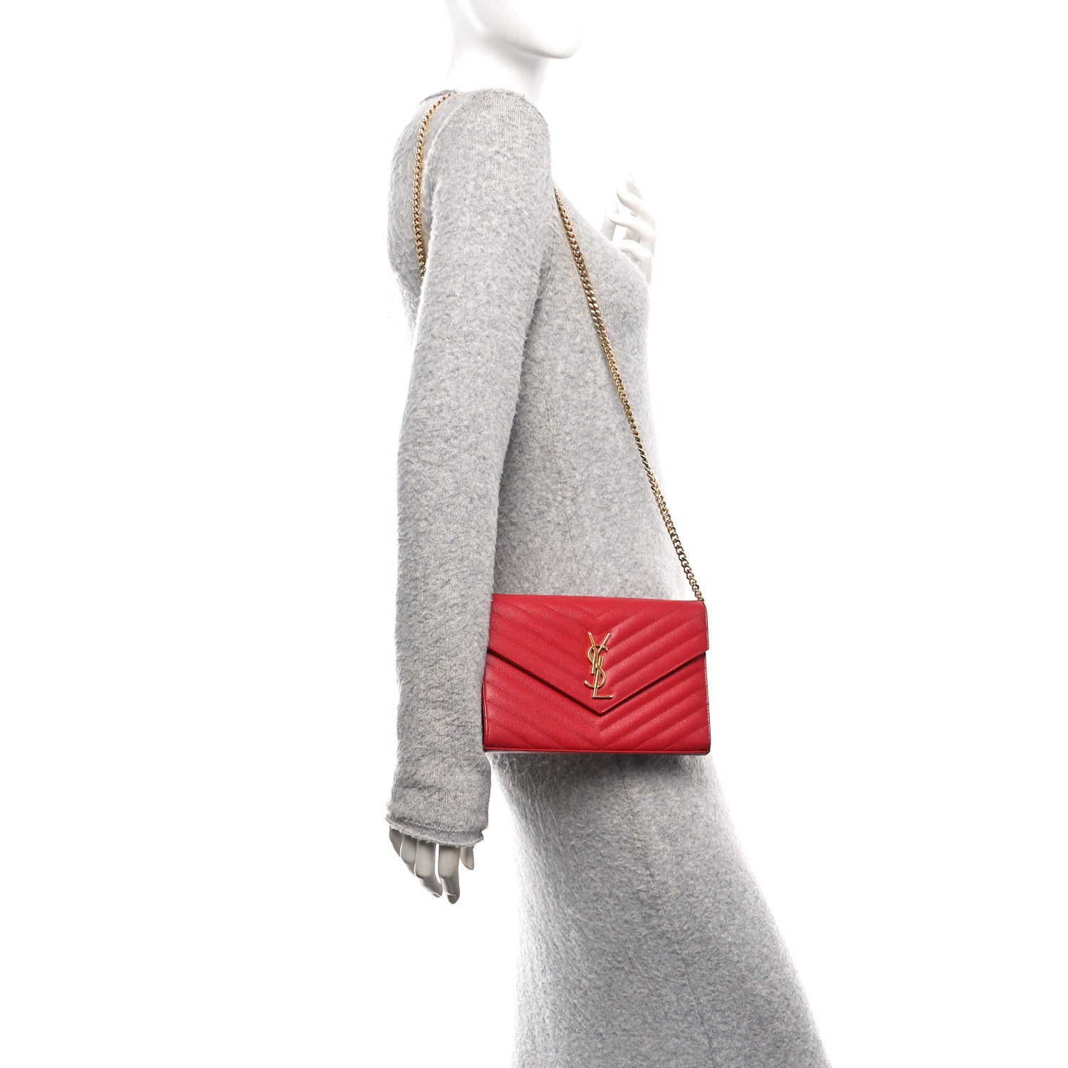 Saint Laurent Grain De Poudre Matelasse Chevron Monogram Chain Wallet Red 2 of 15