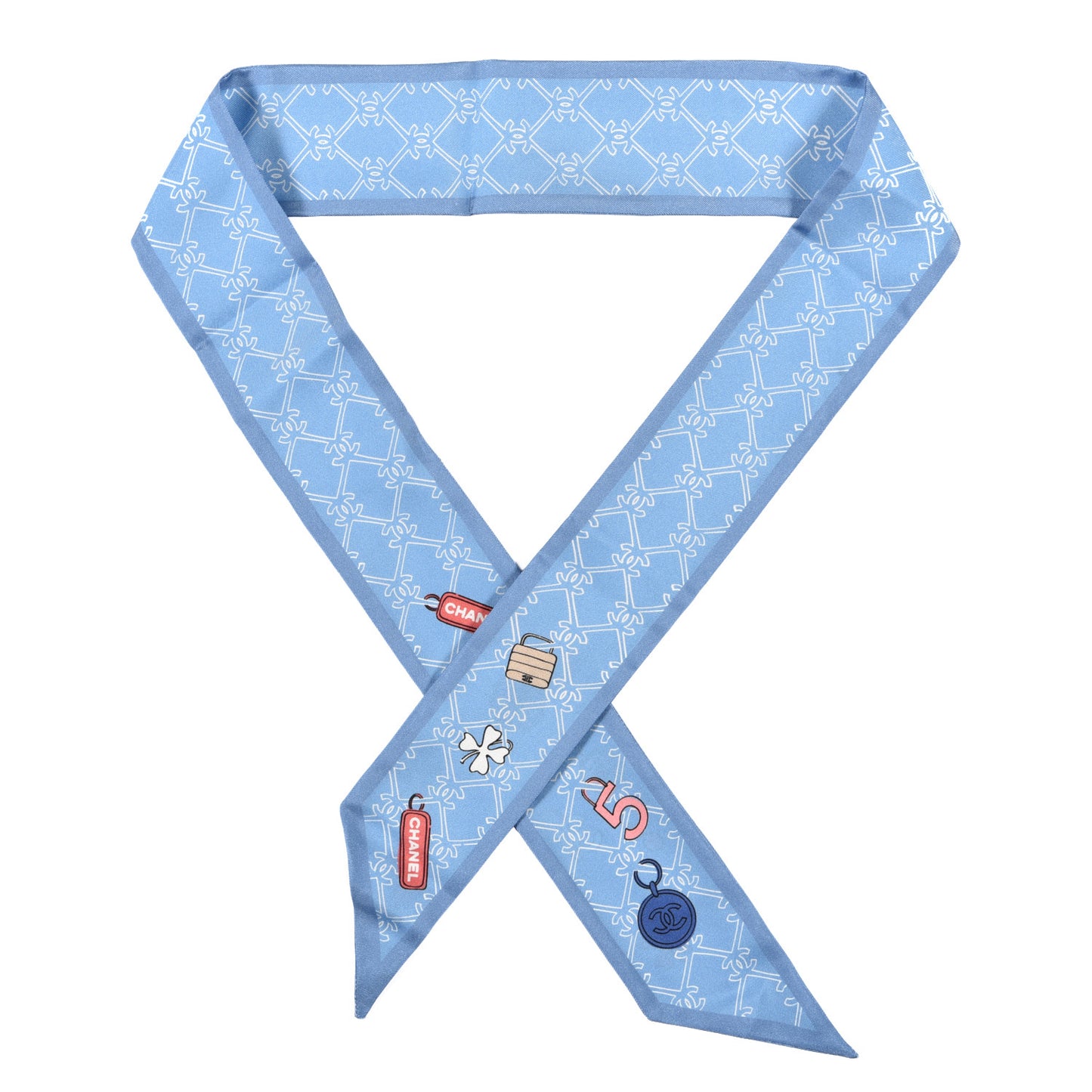 Silk CC Lucky Symbols Slim Bandeau Scarf Light Blue Multicolor
