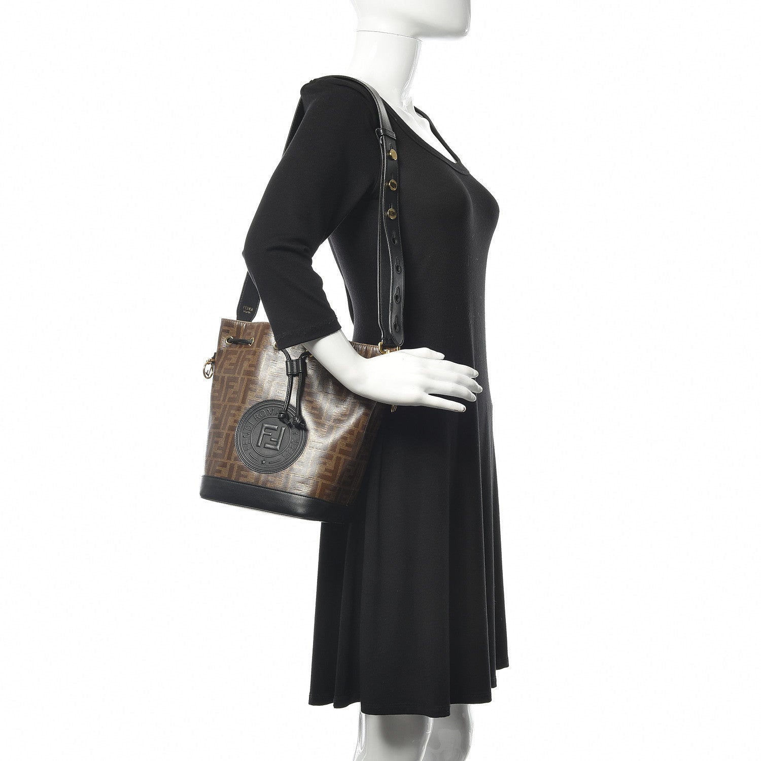 Fendi Glazed Fabric Vitello Grace F is Fendi FF 1974 Stamp Patch Grande Mon Tresor Bucket Bag Mogano Panna Black 2 of 10