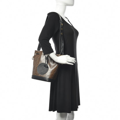 Fendi Glazed Fabric Vitello Grace F is Fendi FF 1974 Stamp Patch Grande Mon Tresor Bucket Bag Mogano Panna Black 2 of 10