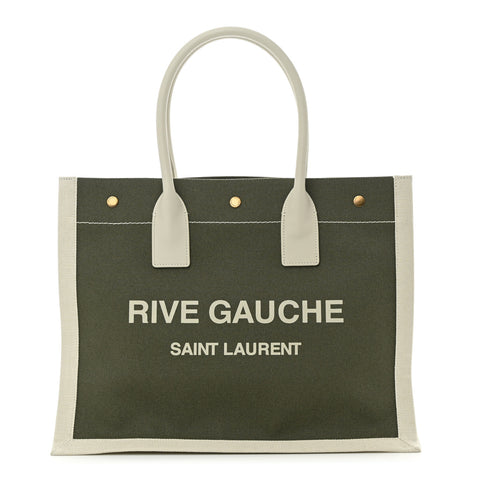 Linen Calfskin Small Rive Gauche Tote Military Green Blanc Vintage
