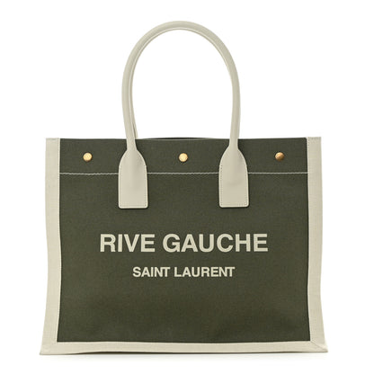 Saint Laurent Linen Calfskin Small Rive Gauche Tote Military Green Blanc Vintage 1 of 10