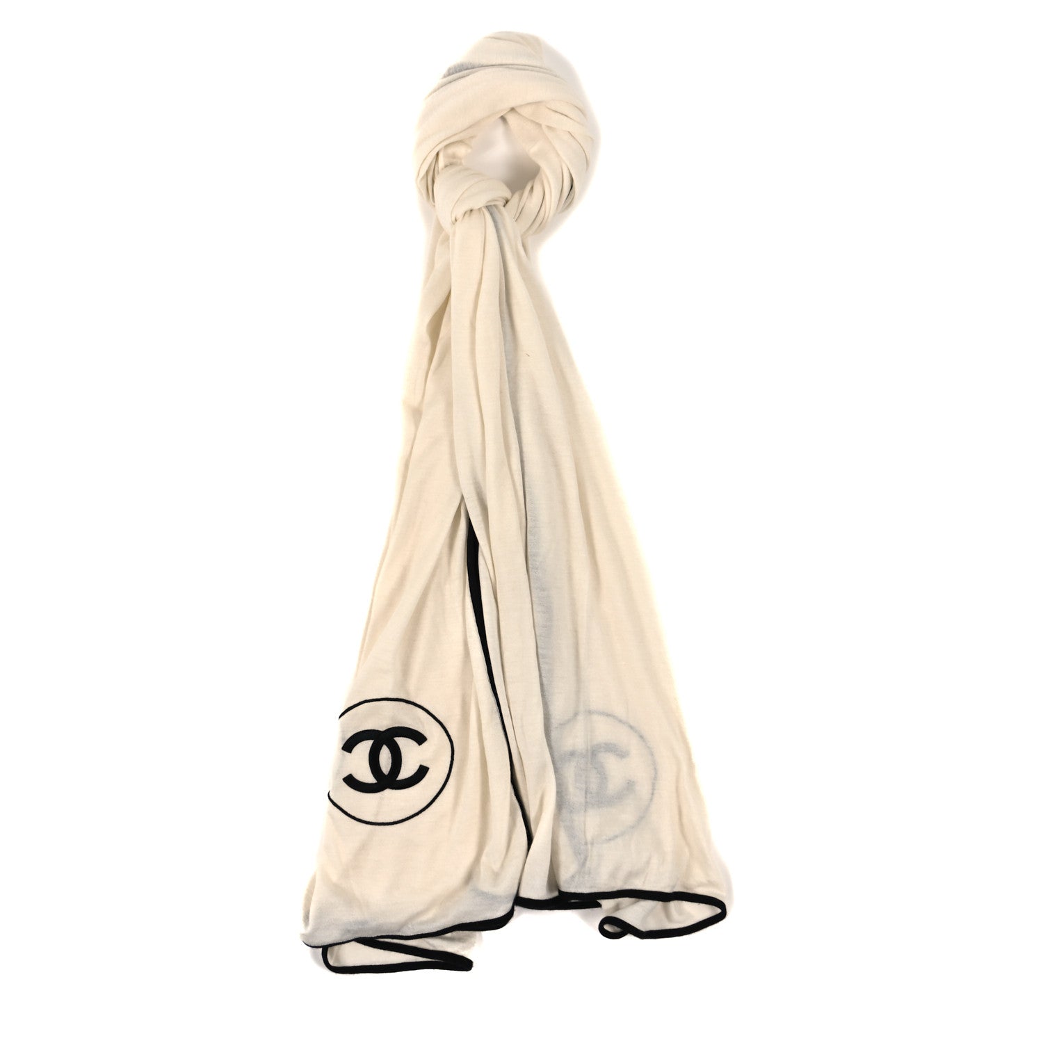 Chanel Cashmere Silk CC Stole Ivory Black 1 of 3