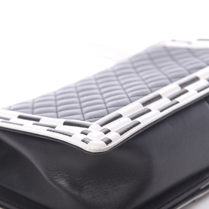 Chanel Calfskin Quilted Checkerboard Trim New Medium Boy Flap Black White 10 of 12