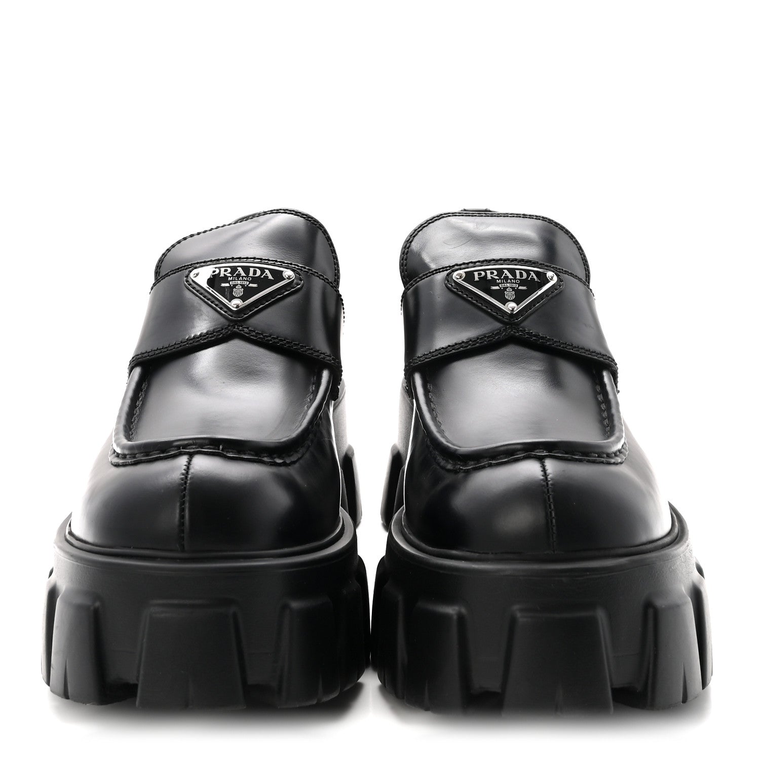 Prada Spazzolato Rois Metal Triangle Logo Monolith 55mm Loafers 38.5 Black 3 of 9