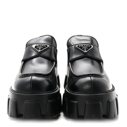 Prada Spazzolato Rois Metal Triangle Logo Monolith 55mm Loafers 38.5 Black 3 of 9
