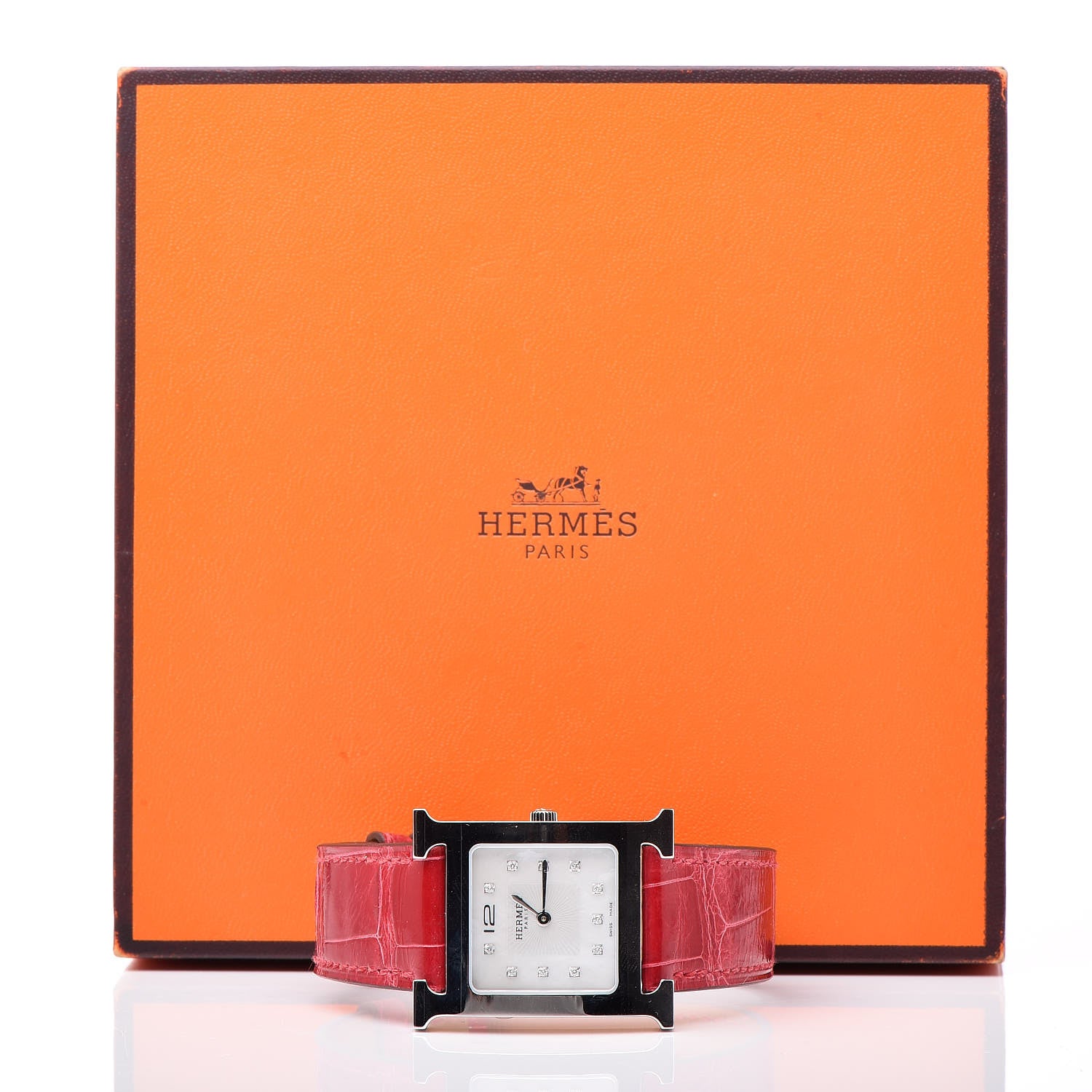 Hermes Stainless Steel Alligator Diamond Mother of Pearl 26mm Heure H Hour Quartz Watch Braise 8 of 8