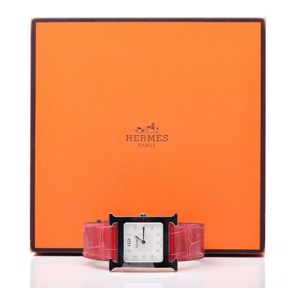 Hermes Stainless Steel Alligator Diamond Mother of Pearl 26mm Heure H Hour Quartz Watch Braise 8 of 8