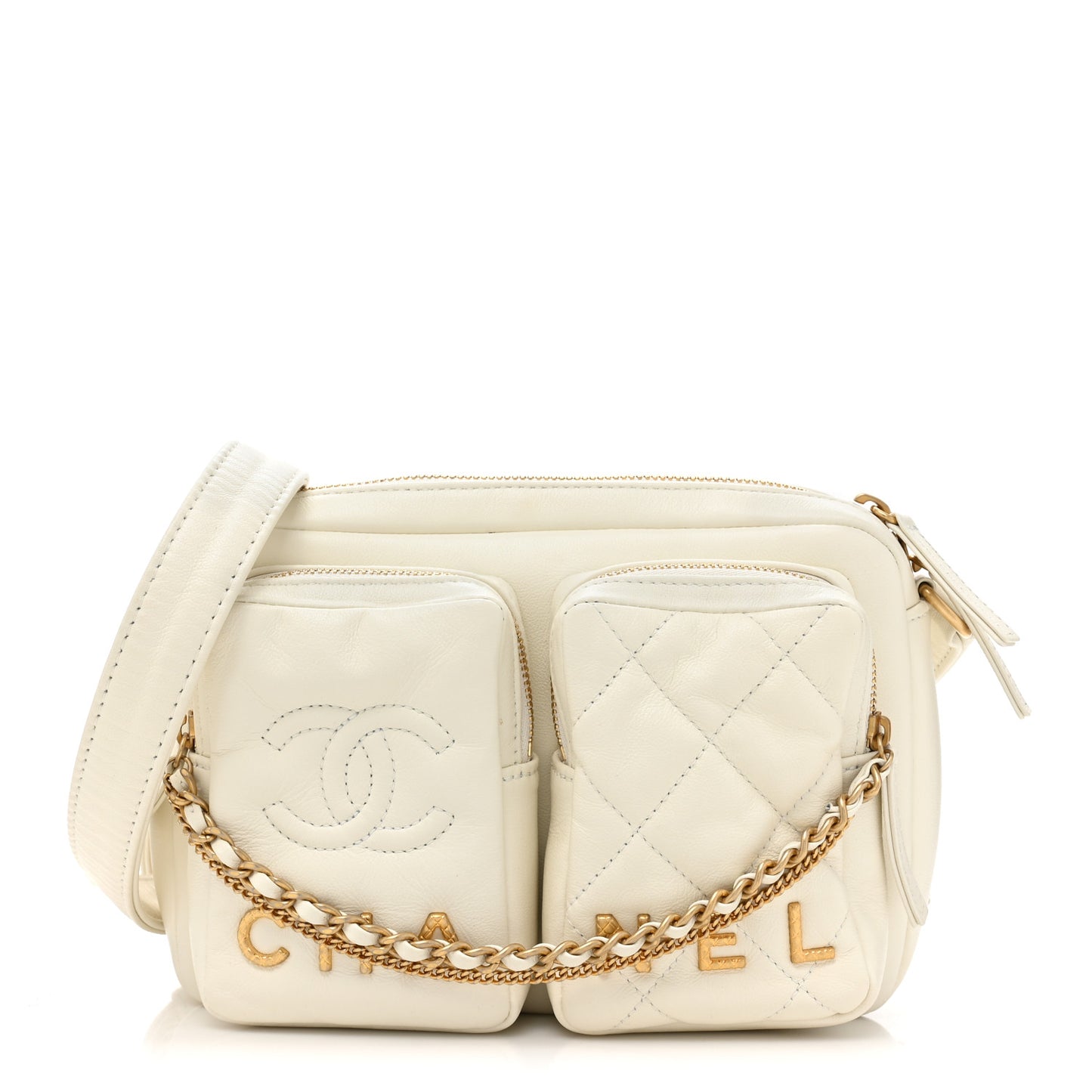 Calfskin Quilted Small Camera Case White