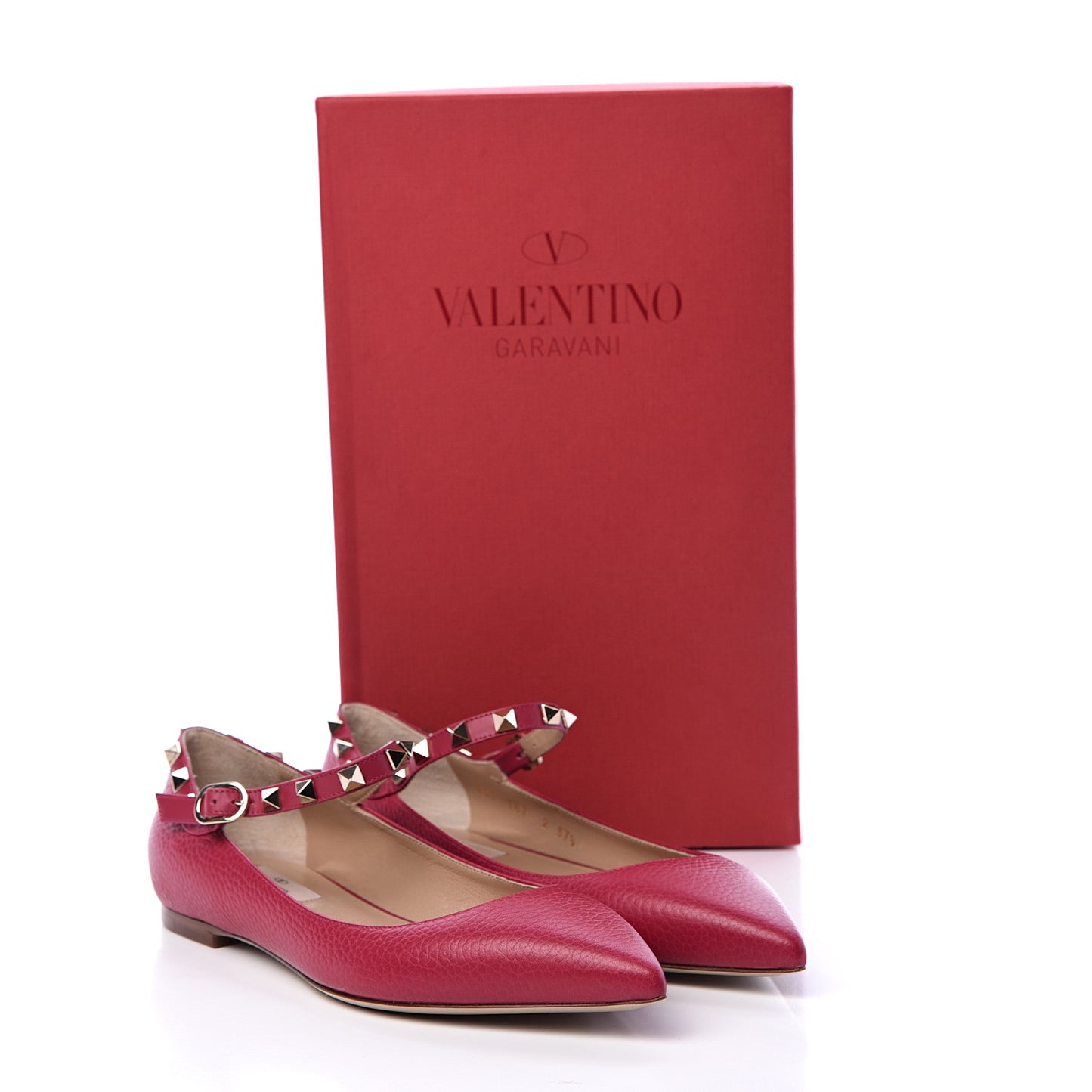 Pebbled Calfskin Rockstud Ankle Strap Ballerina Flats 37.5 Raspberry