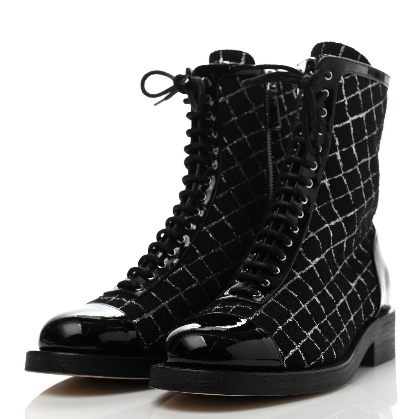 Tweed Patent Calfskin Cap Toe CC Lace Up Boots 40 Black Silver