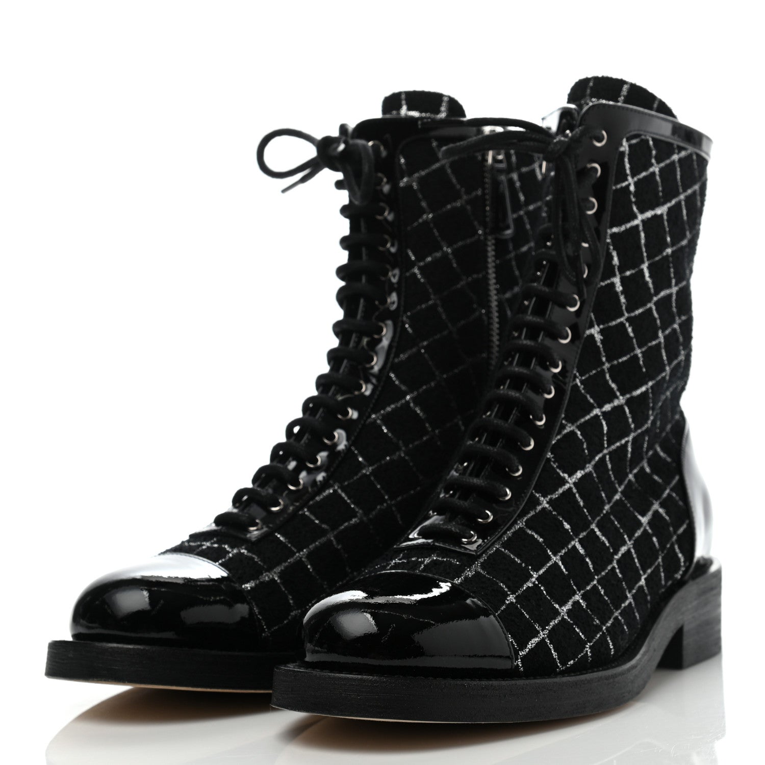 Chanel Tweed Patent Calfskin Cap Toe CC Lace Up Boots 40 Black Silver 3 of 7
