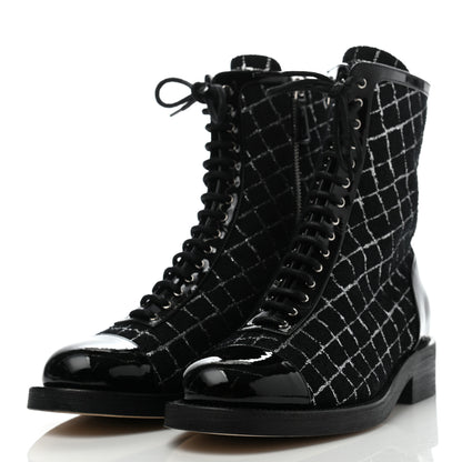 Chanel Tweed Patent Calfskin Cap Toe CC Lace Up Boots 40 Black Silver 3 of 7