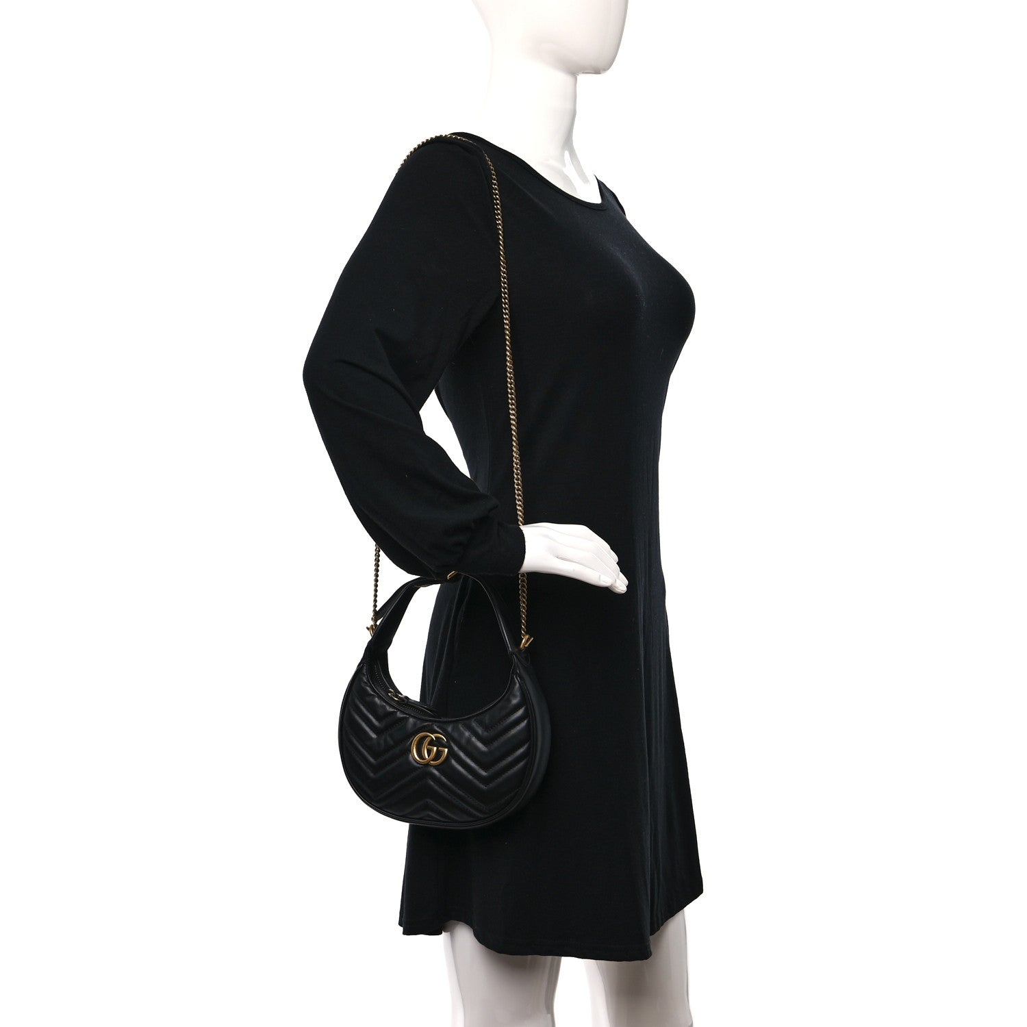 Gucci Calfskin Matelasse Chevron Mini GG Marmont Half Moon Hobo Black 3 of 8