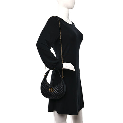 Gucci Calfskin Matelasse Chevron Mini GG Marmont Half Moon Hobo Black 3 of 8