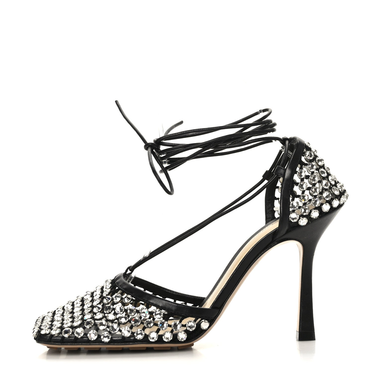 Bottega Veneta Mesh Nappa Crystal Embellished Sparkle Stretch Ankle Tie Sandals 39 Black 1 of 7