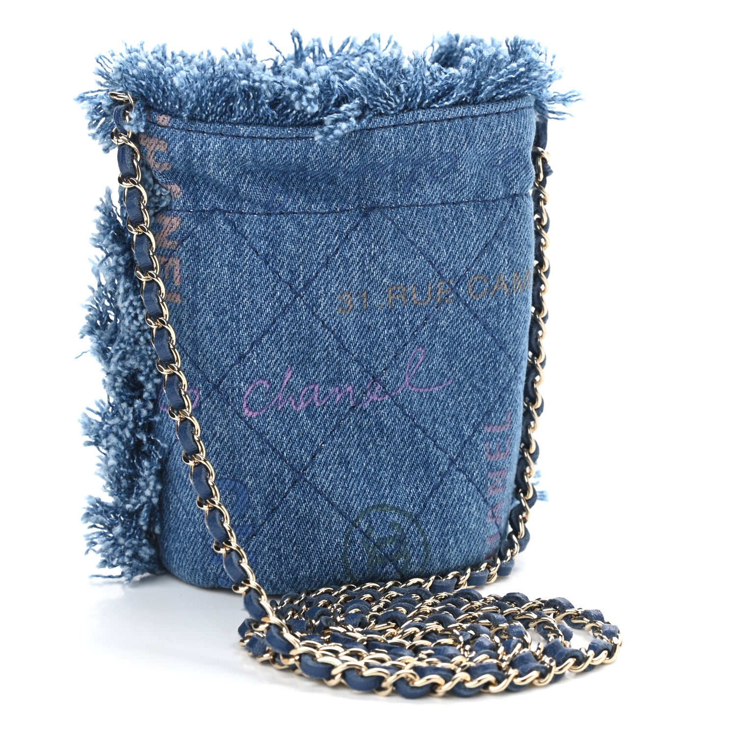 Chanel Denim Quilted Mood Mini Bucket With Chain Blue Multicolor 3 of 11