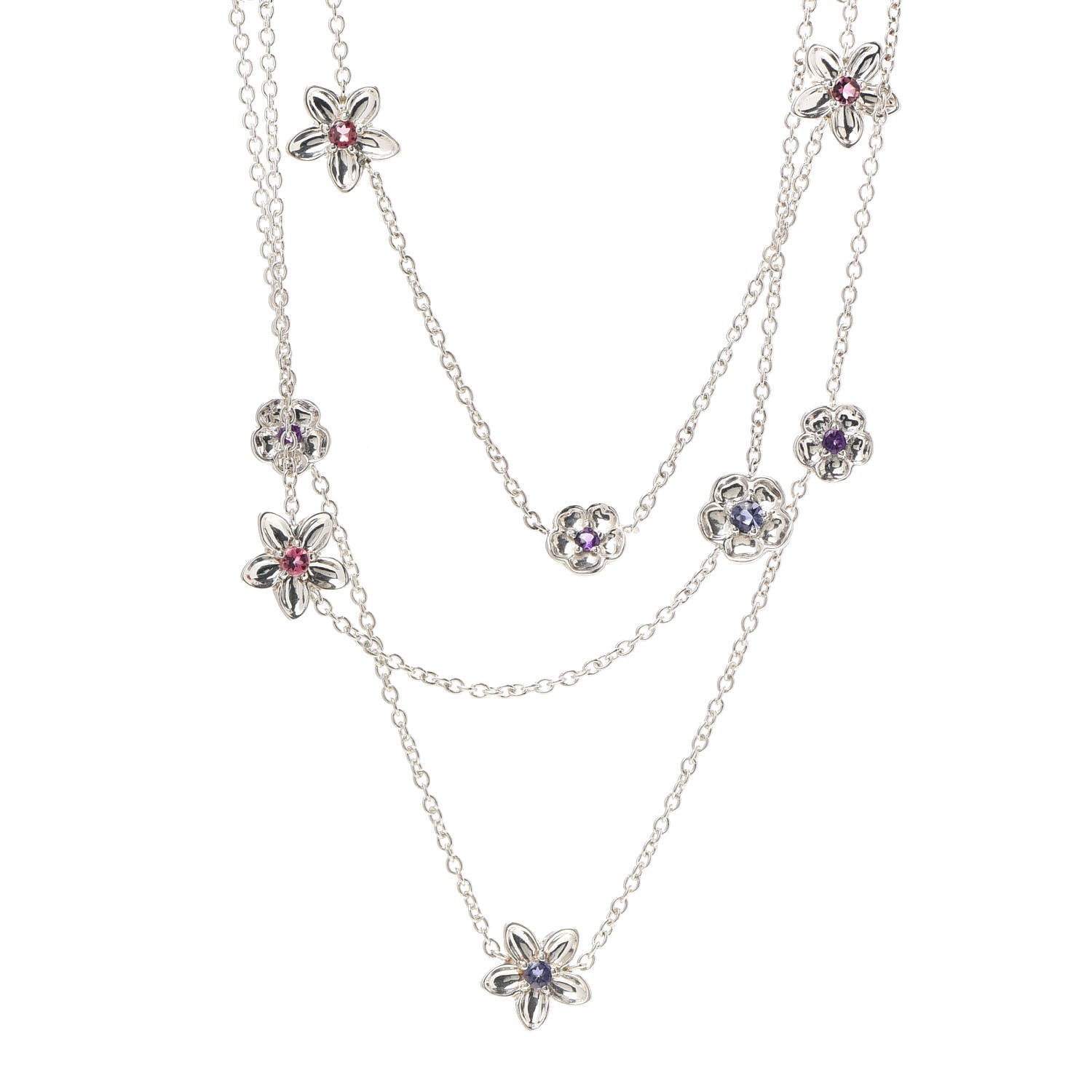 Tiffany Sterling Silver Amethyst Iolite Pink Tourmaline Multi Chain Flower Necklace 1 of 5