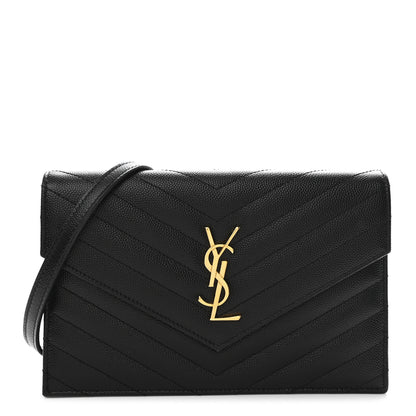 Saint Laurent Grain De Poudre Matelasse Chevron Monogram Envelope Chain Wallet Black 1 of 11